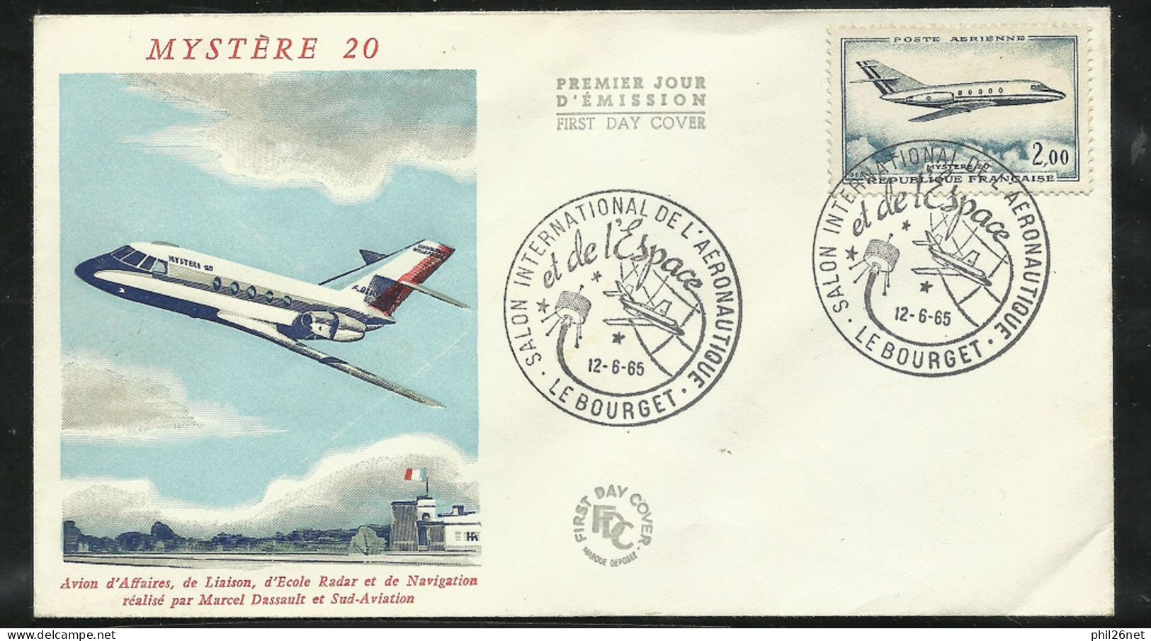 FDC Lettre Illustrée Premier Jour Le Bourget 12/06/1965 Poste Aérienne N°42 Mystère 20   Cachets Illustrés B/TB Soldé ! - 1960-1969