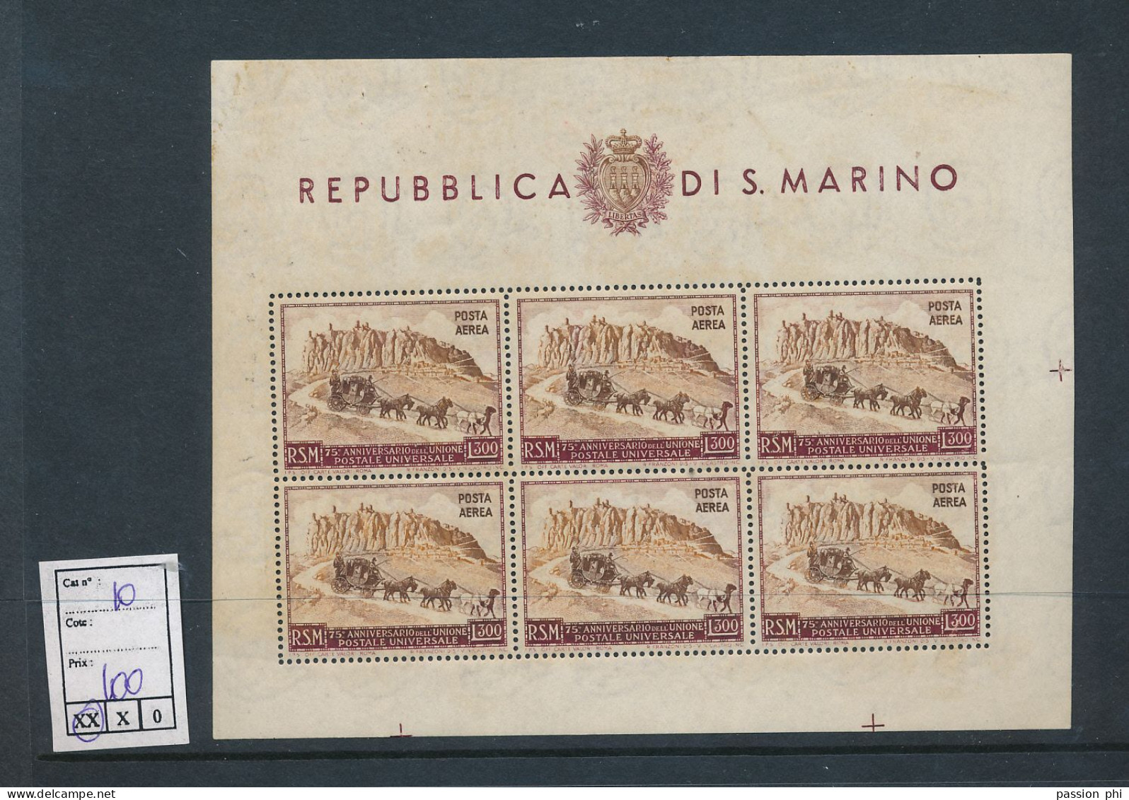 ST. MARINO SASSONE 10 MNH A LACK OF GUM AT THE TOP NORMAL FOR THIS BLOCK TWO PIN HOLES ON THE TOP - Blocs-feuillets