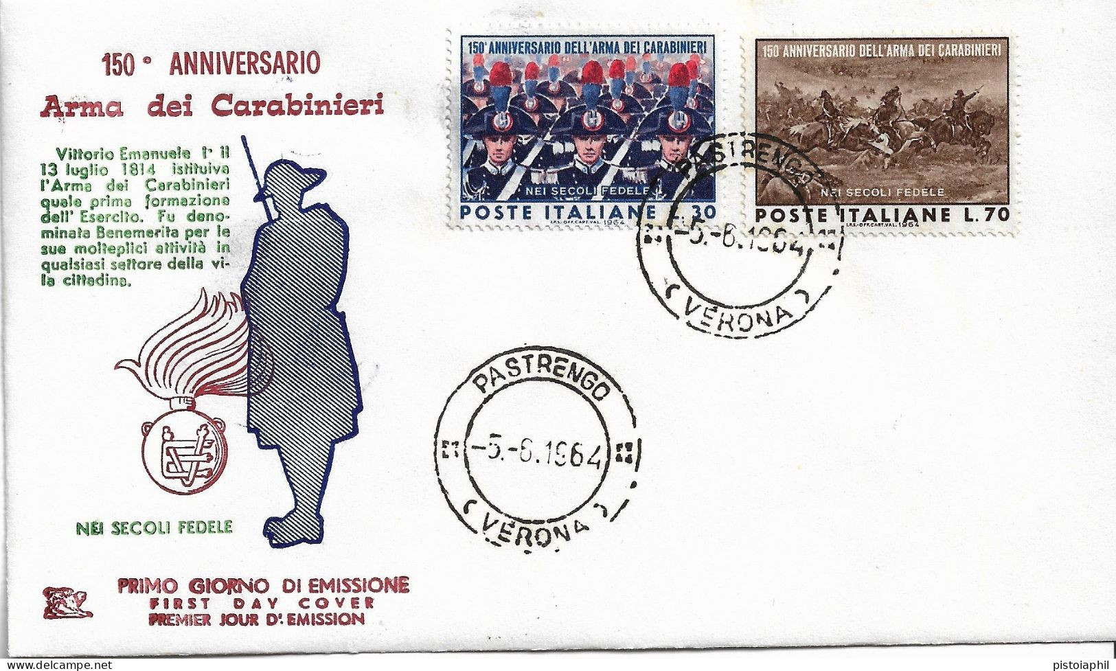 Fdc Chimera: ARMA CARABINIERI  (1964); No Viaggiata; Annullo Pastrengo - FDC