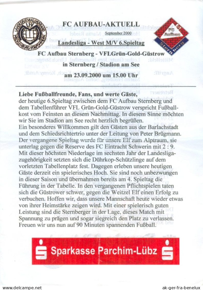 Fußball-Programm PRG FC Aufbau Sternberg - VfL Grün-Gold Güstrow 29. 9. 2000 BSG Güstrower SC Mecklenburg-Vorpommern - Programs