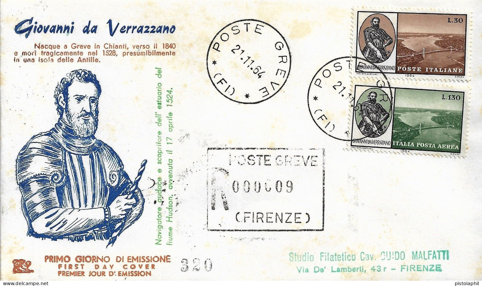 Fdc Chimera: GIOVANNI DA VERRAZZANO  (1964); Raccomandata; Annullo Greve - FDC