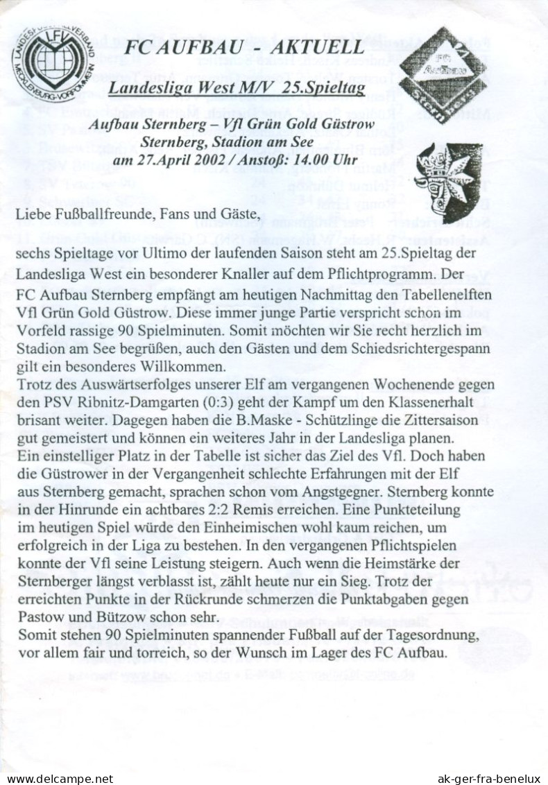 Fußball-Programm PRG FC Aufbau Sternberg - VfL Grün-Gold Güstrow 27. 4. 2002 BSG Güstrower SC Mecklenburg-Vorpommern - Programs