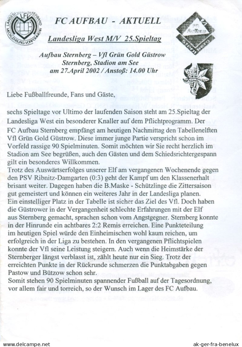 Fußball-Programm PRG FC Aufbau Sternberg - VfL Grün-Gold Güstrow 27. 4. 2002 BSG Güstrower SC Mecklenburg-Vorpommern - Programas