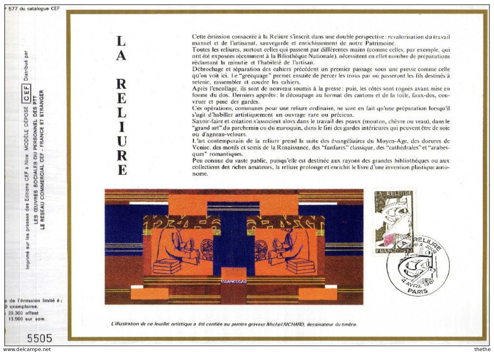 FRANCE - Métiers D'Art" .. Relieur à Sa Presse -  N° 577 Du Catalogue CEF - 1980-1989