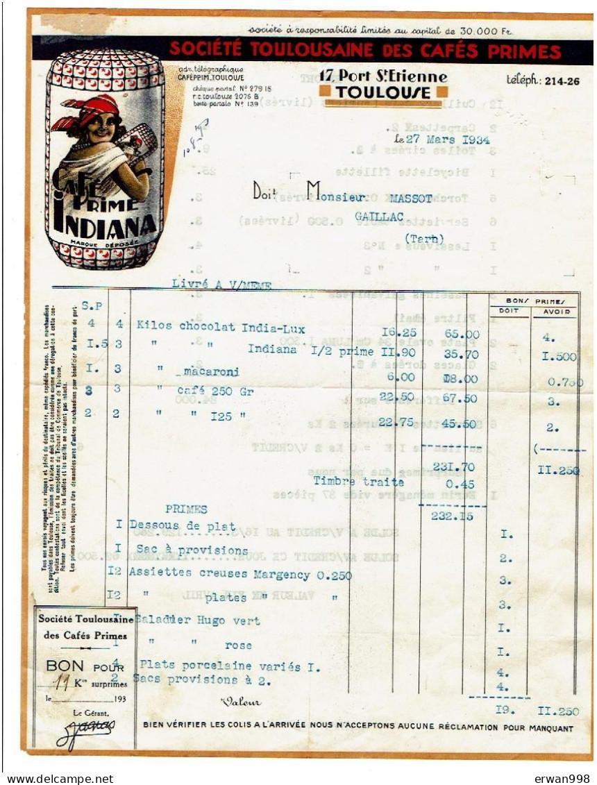 31 TOULOUSE Sté Des Cafés Primes  Facture Illustrée En  Couleurs  Du 27/3/1934 Thèmes Alimentation, Café       1136 - 1900 – 1949