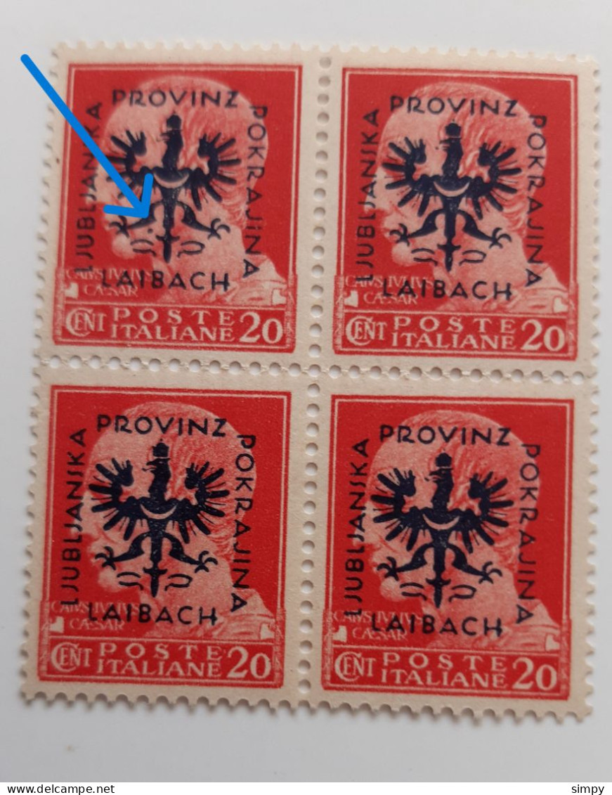 Ljubljanska Pokrajina Provinz Laibach 20c Error Plate Mint Mnh Block In Four - Slovenia