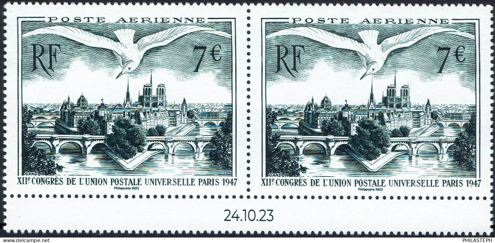 France 2023 - PAIRE DATEE ISSUE DE L'AFFICHE  P. A.  XIIe CONGRÈS DE L'UNION  POSTALE UNIVERSELLE PARIS 1947 YT 96A ** - 1960-.... Mint/hinged