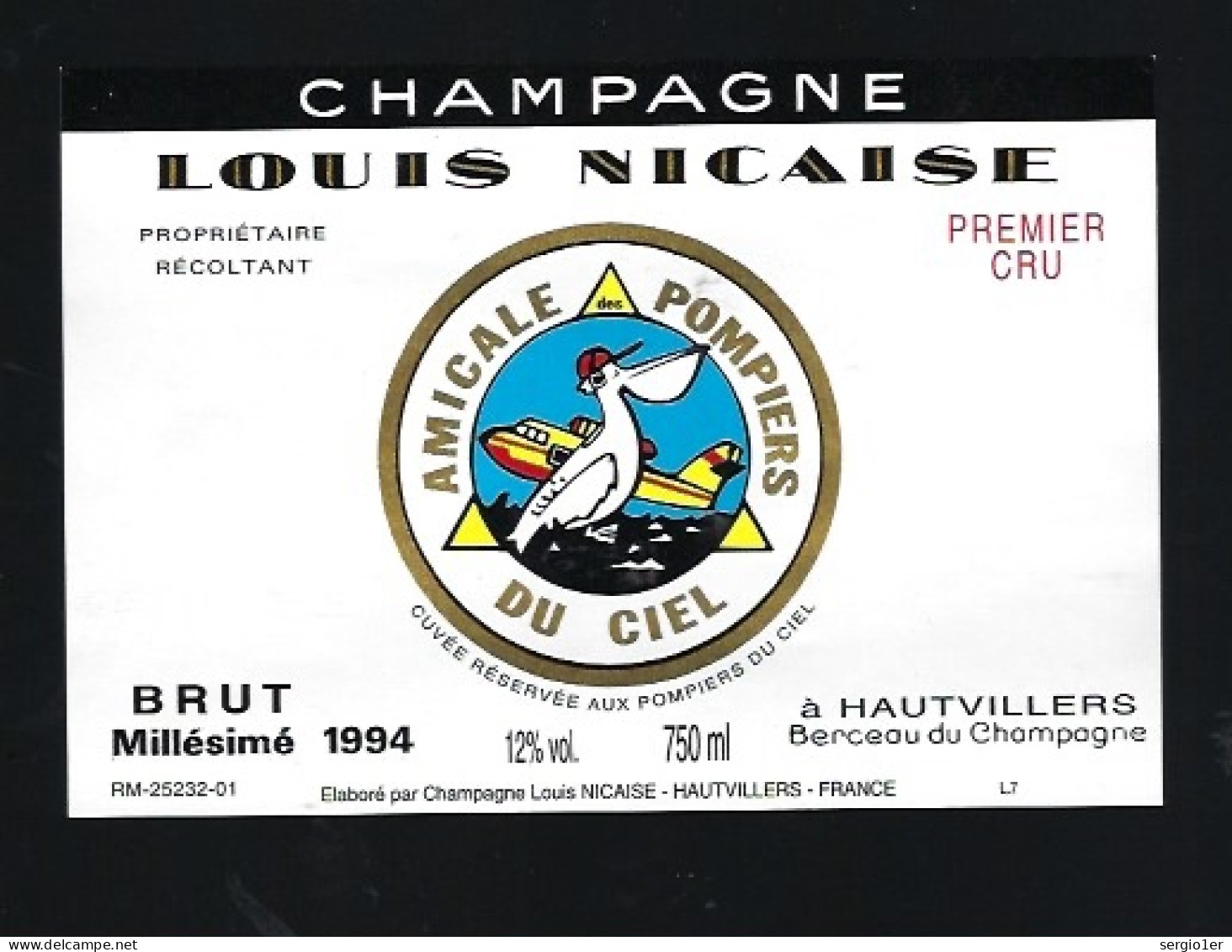 Etiquette Champagne Brut 1er Cru Millesime 1994 Amicale Pompiers Du Ciel Hautvillers Marne 51 "canadair, Pélican" - Champagne