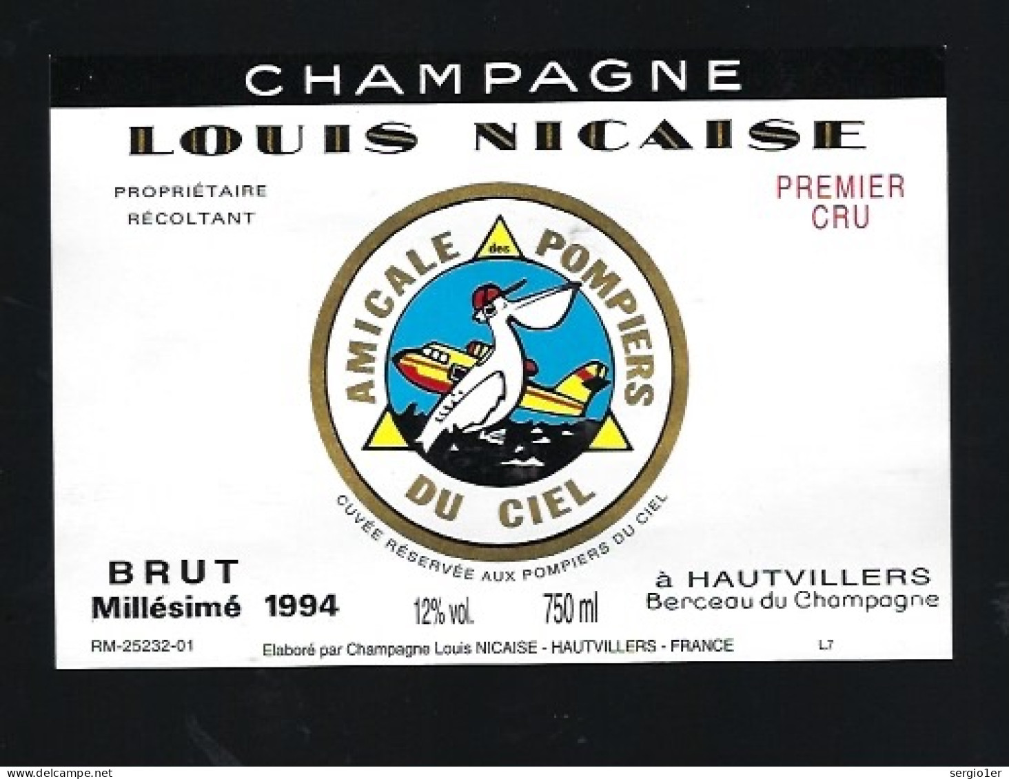 Etiquette Champagne Brut 1er Cru Millesime 1994 Amicale Pompiers Du Ciel Hautvillers Marne 51 "canadair, Pélican" - Champagner