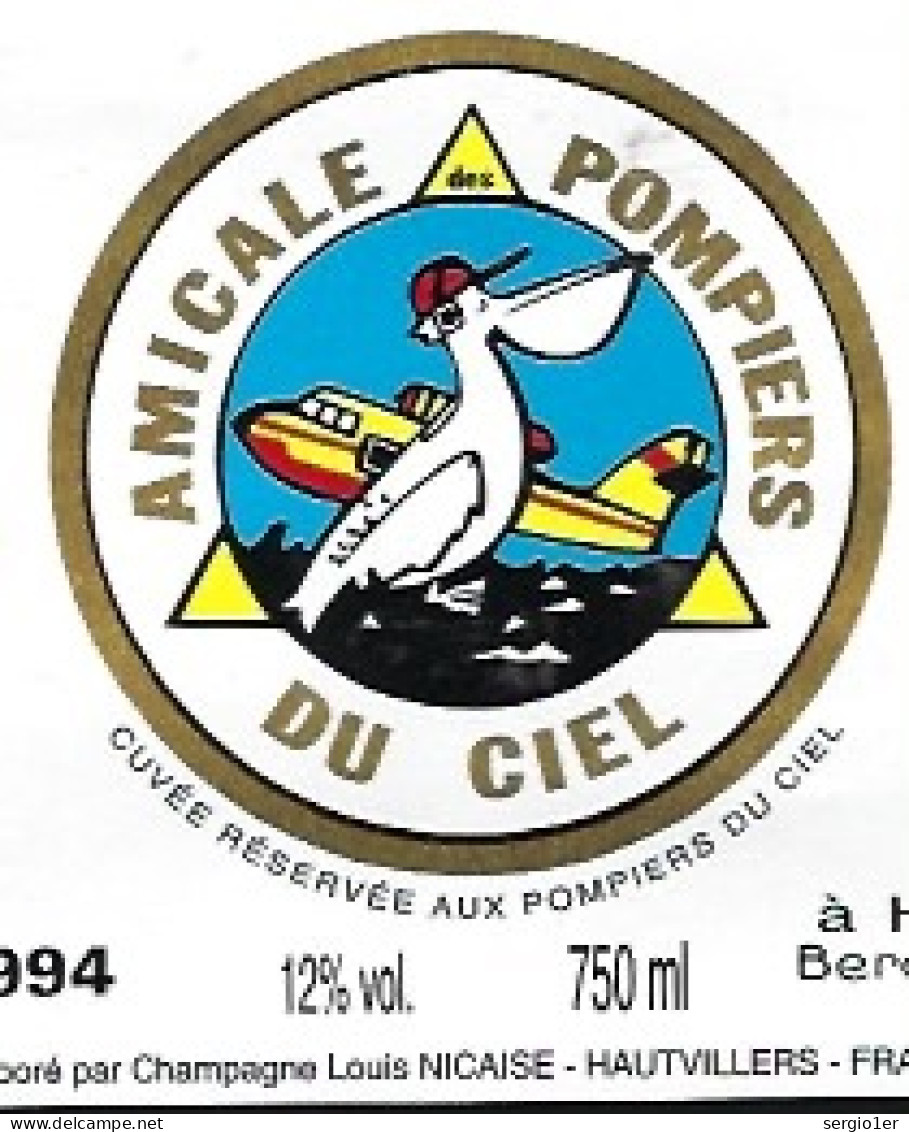 Etiquette Champagne Brut 1er Cru Millesime 1994 Amicale Pompiers Du Ciel Hautvillers Marne 51 "canadair, Pélican" - Champagne