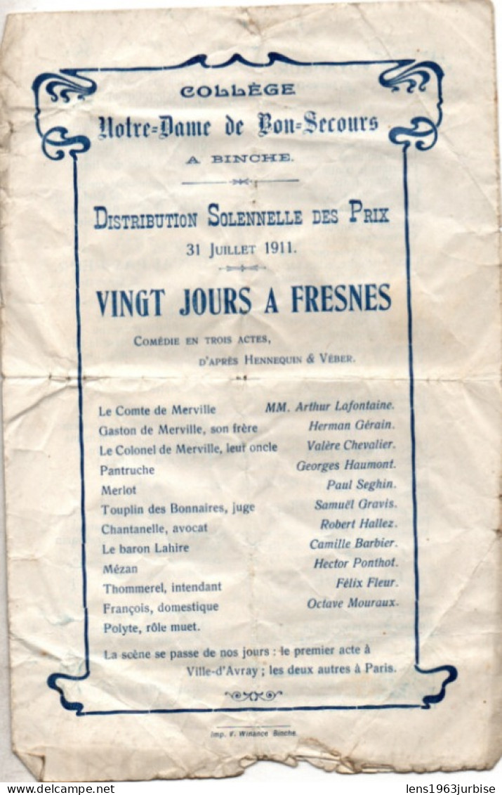 Binche , (1911 ) Collège Notre Dame De Bon Secours , - Programmes