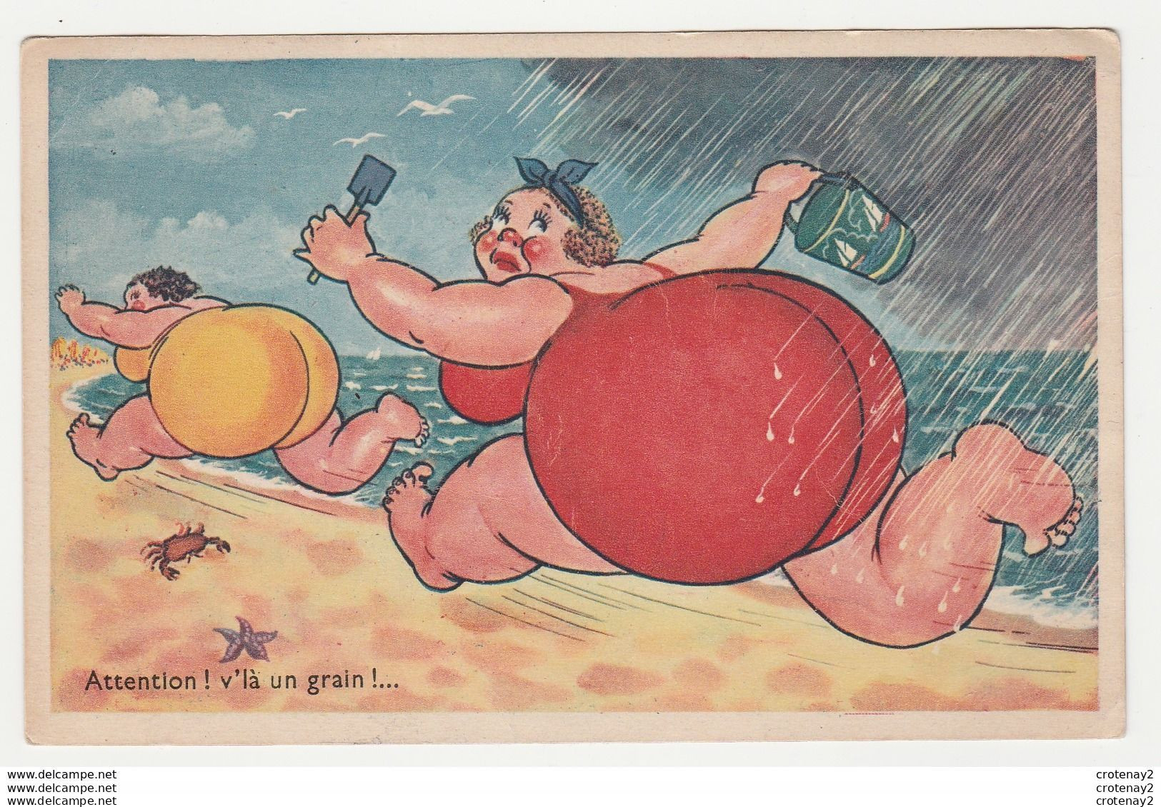 HUMOUR Plage 2 Baigneuses En Maillot De Bain En Fuite Avant Un Grain ! Illustrateur ? écrite De Perros Guirec - Humor