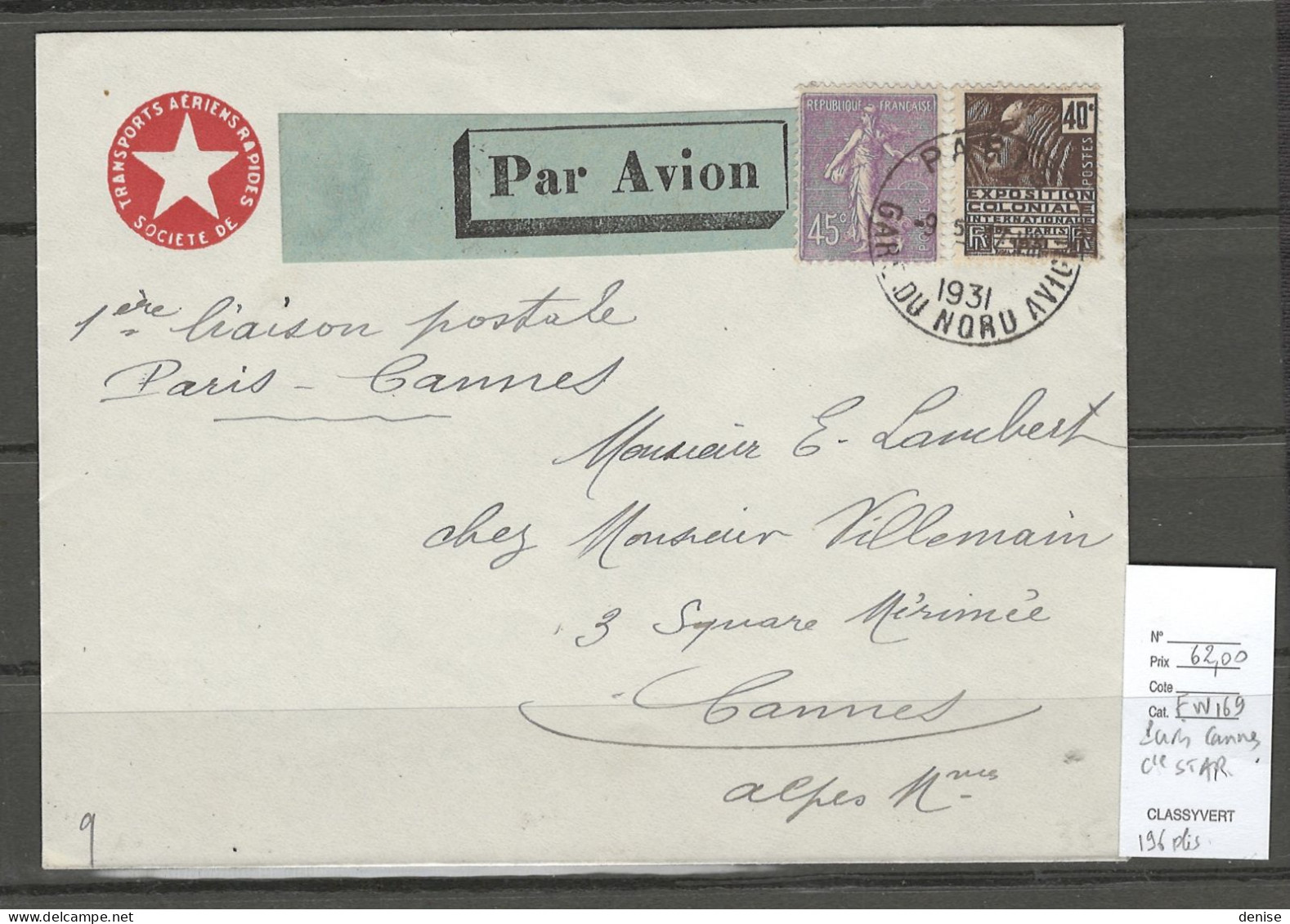 France - Paris Avion Cannes-  Enveloppe En Tete Compagnie STAR - 17/08/1931 - - 1927-1959 Covers & Documents