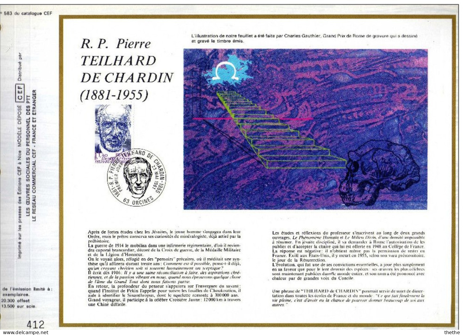 FRANCE - Révérend-Père Pierre Teilhard De Chardin (1881-1955), Théologien Et Savant  -  N° 583 Du Catalogue CEF - 1980-1989