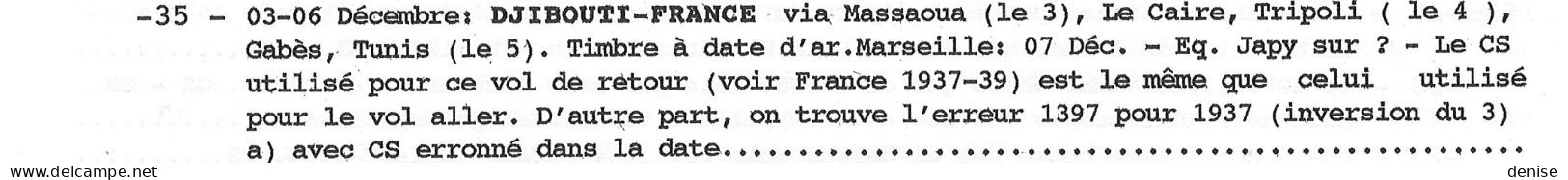 Cote Des Somalis - Raid Djibouti - Istres - Retour Par Avion Japy - Cachet Commémoratif Du Record  - 12/1937 - Lettres & Documents