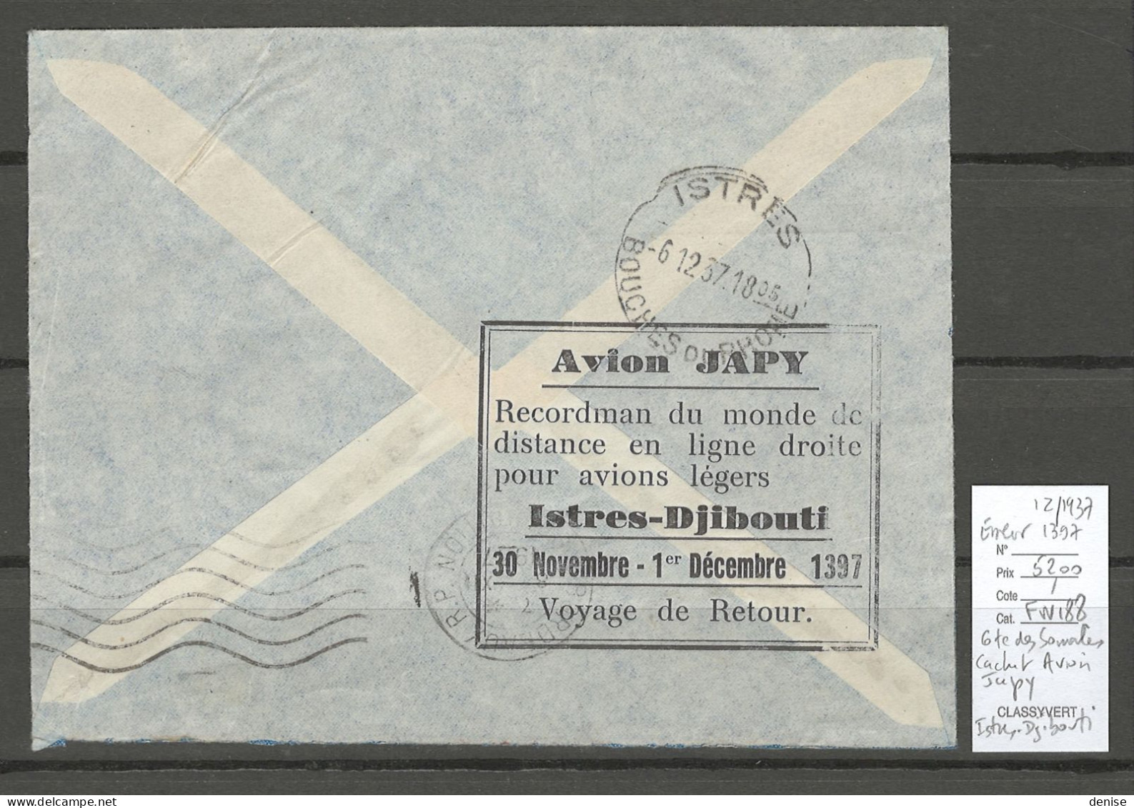 Cote Des Somalis - Raid Djibouti - Istres - Retour Par Avion Japy - Cachet Commémoratif Du Record  - 12/1937 - Covers & Documents
