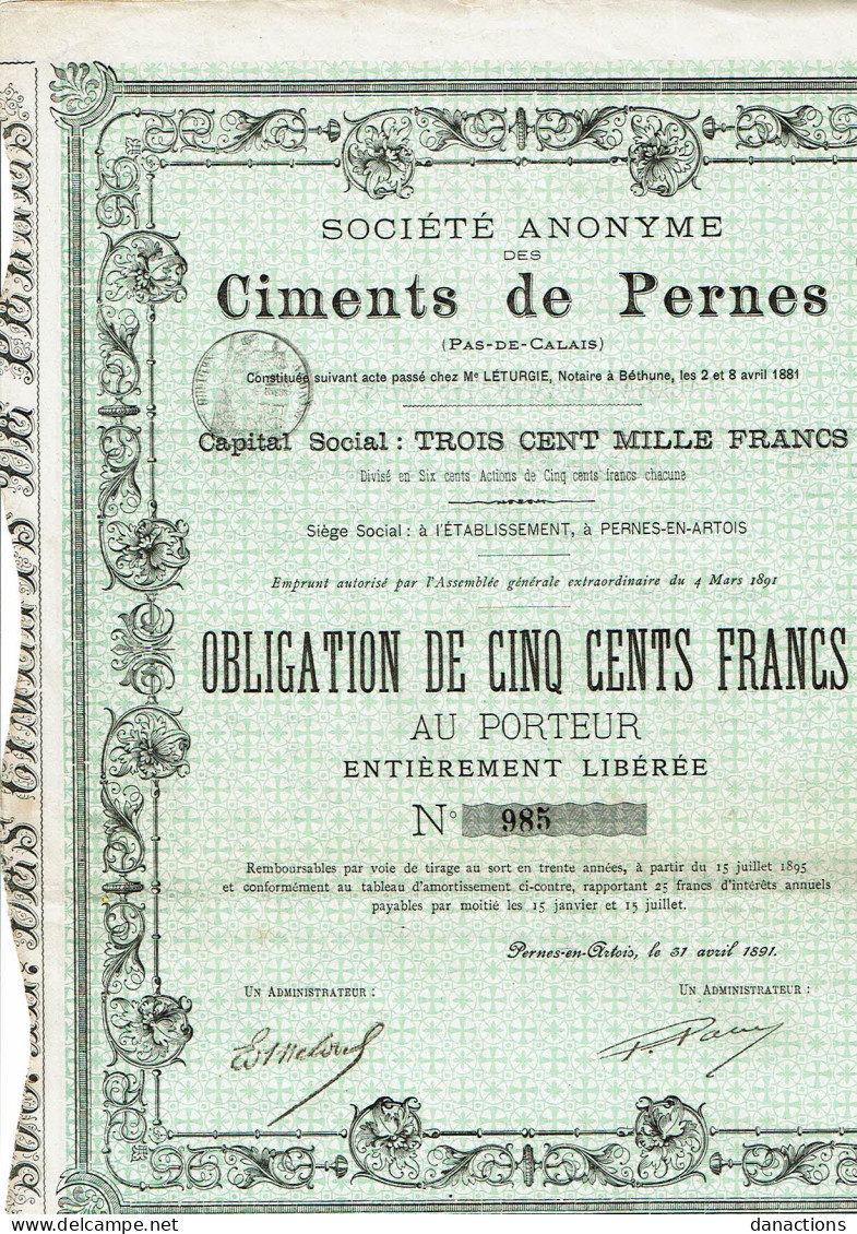 62-CIMENTS  DE PERNES. SA DES ... PERNES EN ARTOIS.   Obligation 1891 - Autres & Non Classés