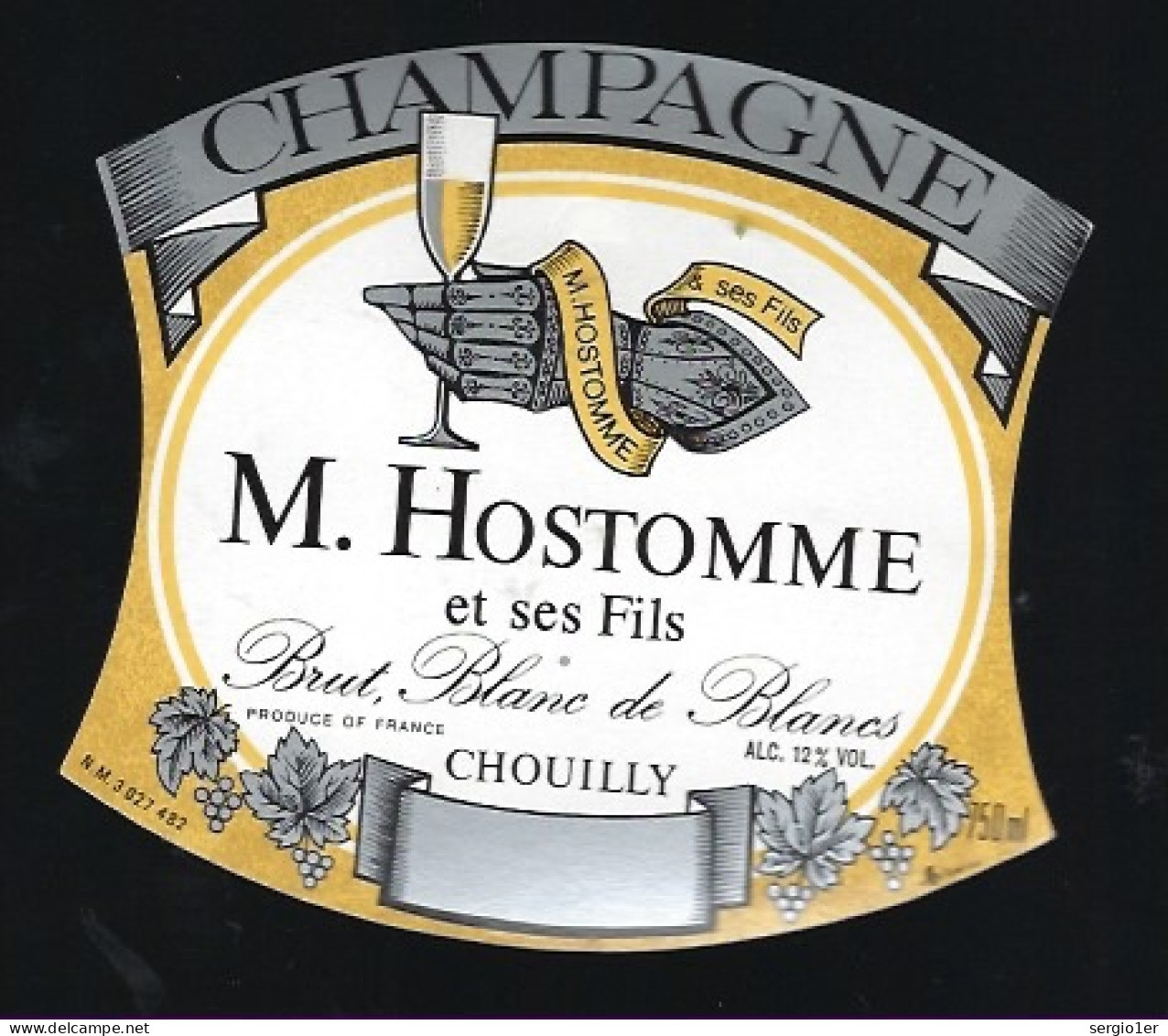 Etiquette Champagne Brut  Blanc De Blancs M Hostomme Et Ses Fils  Chouilly  Marne 51 " Main Armure" - Champan