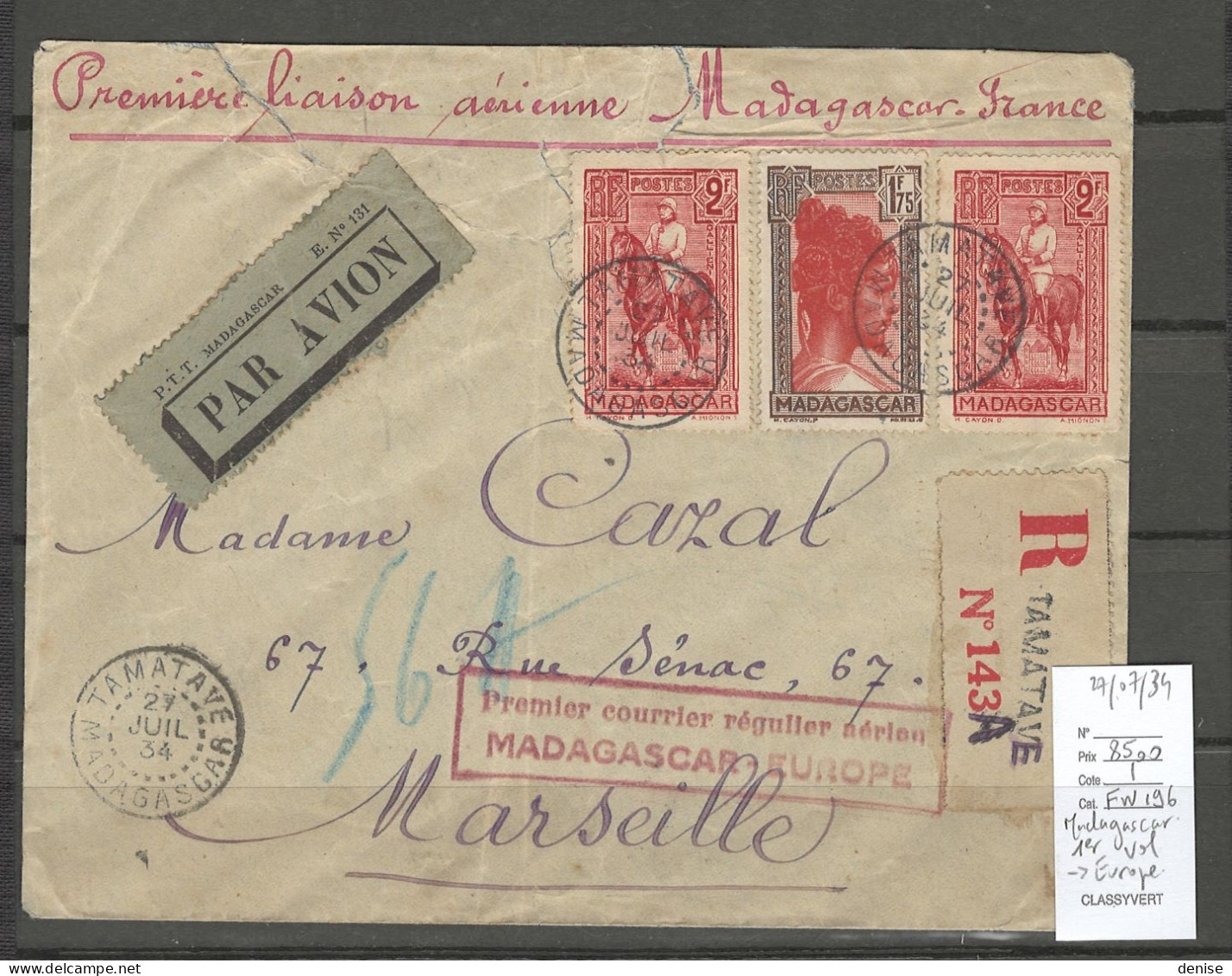 Madagascar - Europe - 1er Vol Vers La France - 27/07/1934 - Poste Aérienne