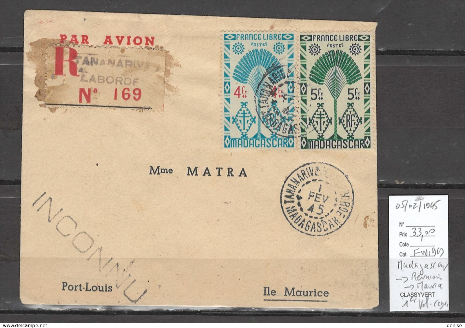 Madagascar Vers Réunion Et Maurice  1er Vol Régulier - 05/02/1945 - Aéreo