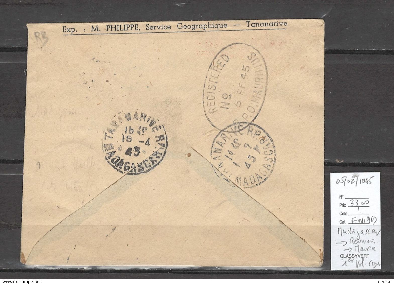 Madagascar Vers Réunion Et Maurice  1er Vol Régulier - 05/02/1945 - Airmail