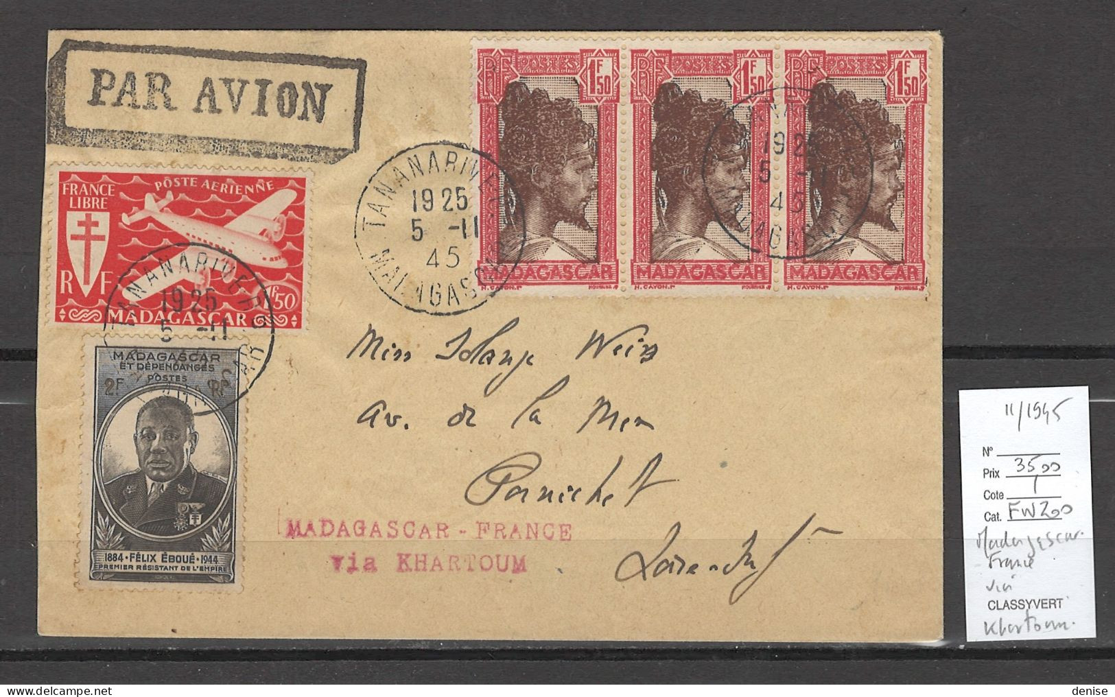 Madagascar Vers France Via Khartoum - 11/1945 - Airmail