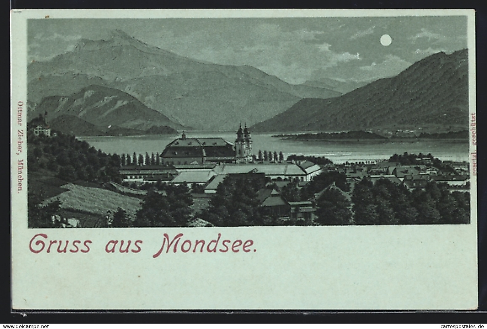 Mondschein-Lithographie Mondsee, Ortsansicht Aus Der Vogelschau  - Autres & Non Classés