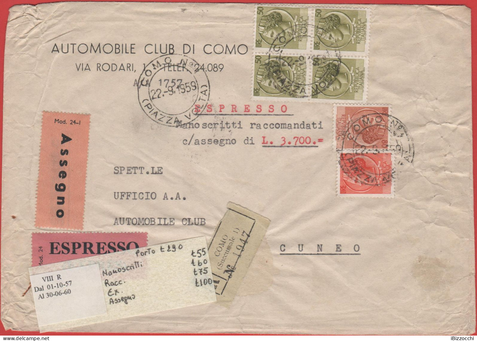 ITALIA - Storia Postale Repubblica - 1959 4x 50 Antica Moneta Siracusana  + 80 Antica Moneta Siracusana + 10 Antica Mone - 1946-60: Marcophilia