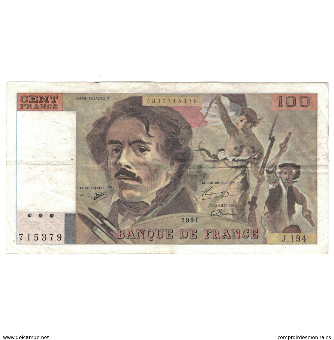 France, 100 Francs, Delacroix, 1991, J.194, TB, Fayette:69bis.04a, KM:154f - 100 F 1978-1995 ''Delacroix''