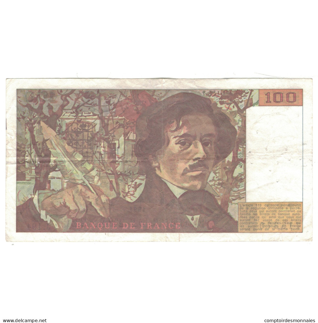 France, 100 Francs, Delacroix, 1991, J.194, TB, Fayette:69bis.04a, KM:154f - 100 F 1978-1995 ''Delacroix''