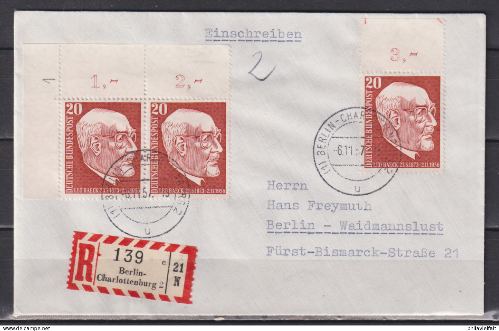 Bund Dr.Leo Baeck MiNo. 278 MeF Mit Eckpaar Feld 1/2 Und OR Mit Schnittmarkierungen Ortsbrief Berlin 1957 - Covers & Documents
