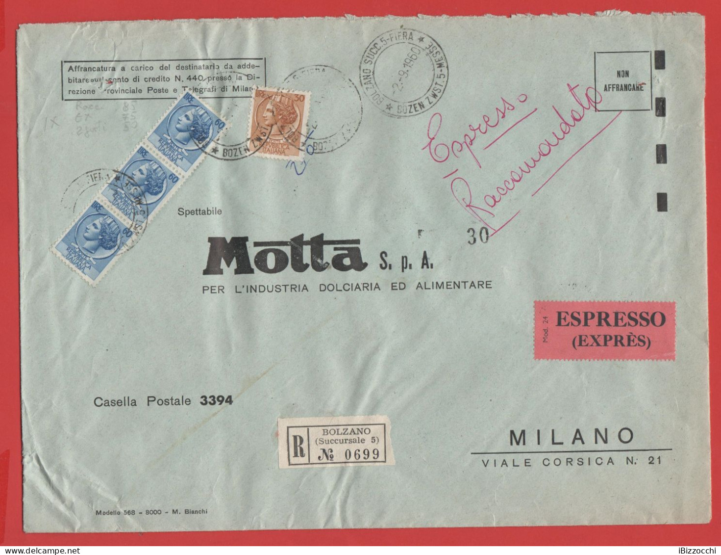 ITALIA - Storia Postale Repubblica - 1960 3x 60 Antica Moneta Siracusana  + 30 Antica Moneta Siracusana - Raccomandata E - 1946-60: Marcophilia