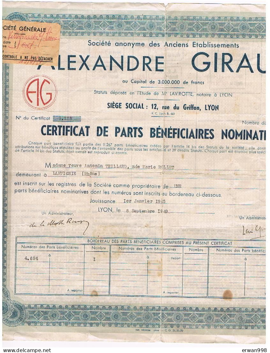69 LYON SA Alexandre GIRAUD Année 1949  Certificat De Parts Bénéficiaires Nominatives 1142 - Autres & Non Classés