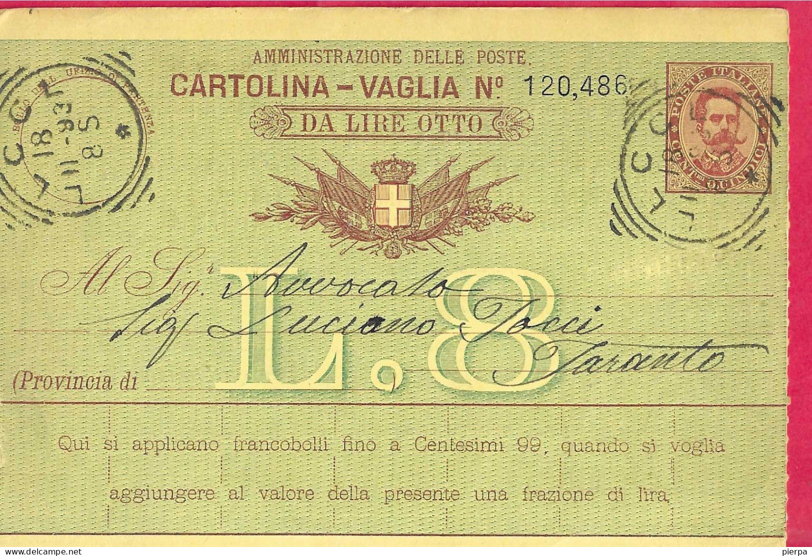 INTERO CARTOLINA-VAGLIA UMBERTO C.15 DA LIRE 8 (CAT. INT.12) -VIAGGIATA DA "LECCE*18.II.93* - ANNULLO TONDO RIQUADRATO - Stamped Stationery