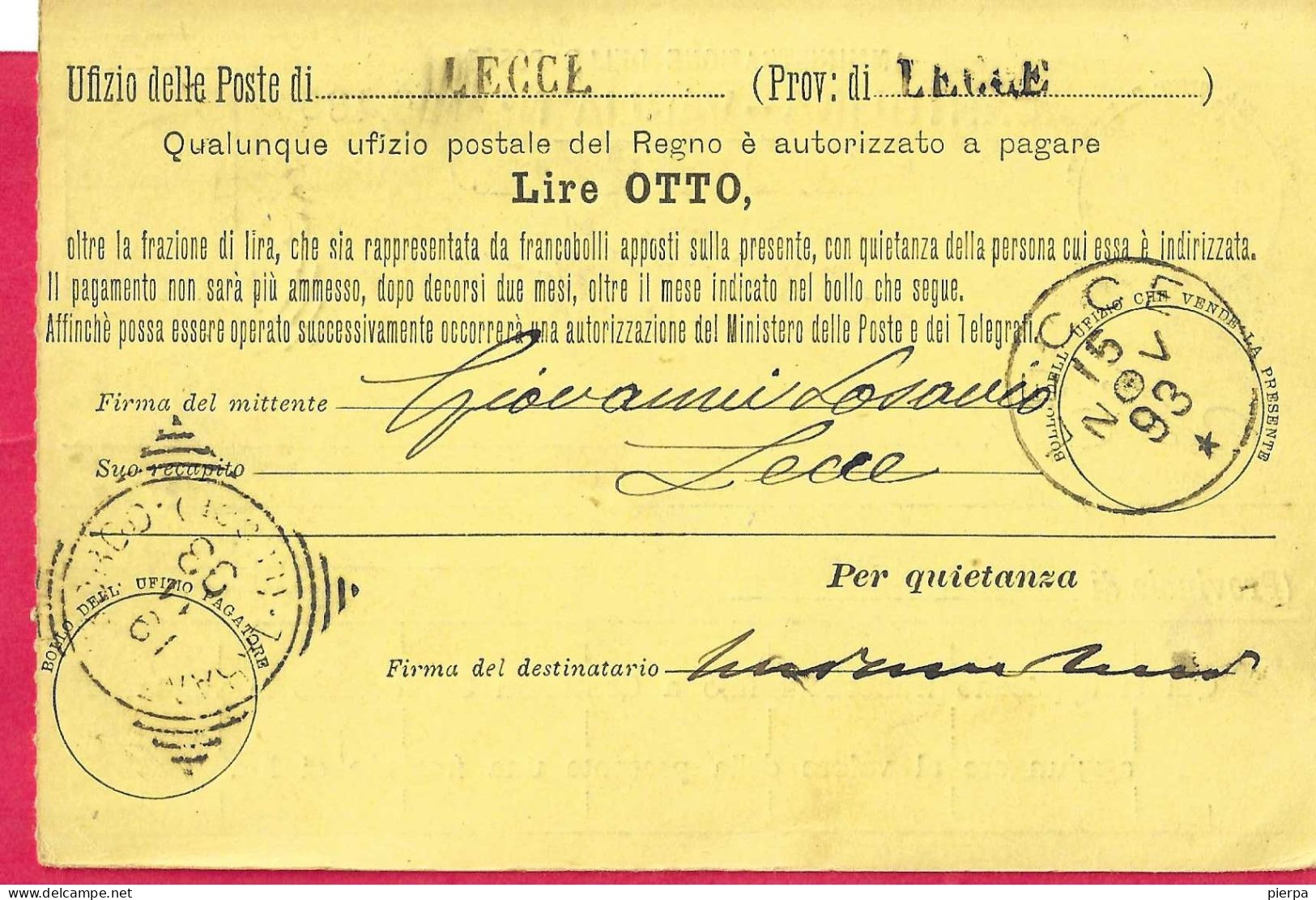 INTERO CARTOLINA-VAGLIA UMBERTO C.15 DA LIRE 8 (CAT. INT.12) -VIAGGIATA DA "LECCE*18.II.93* - ANNULLO TONDO RIQUADRATO - Entiers Postaux