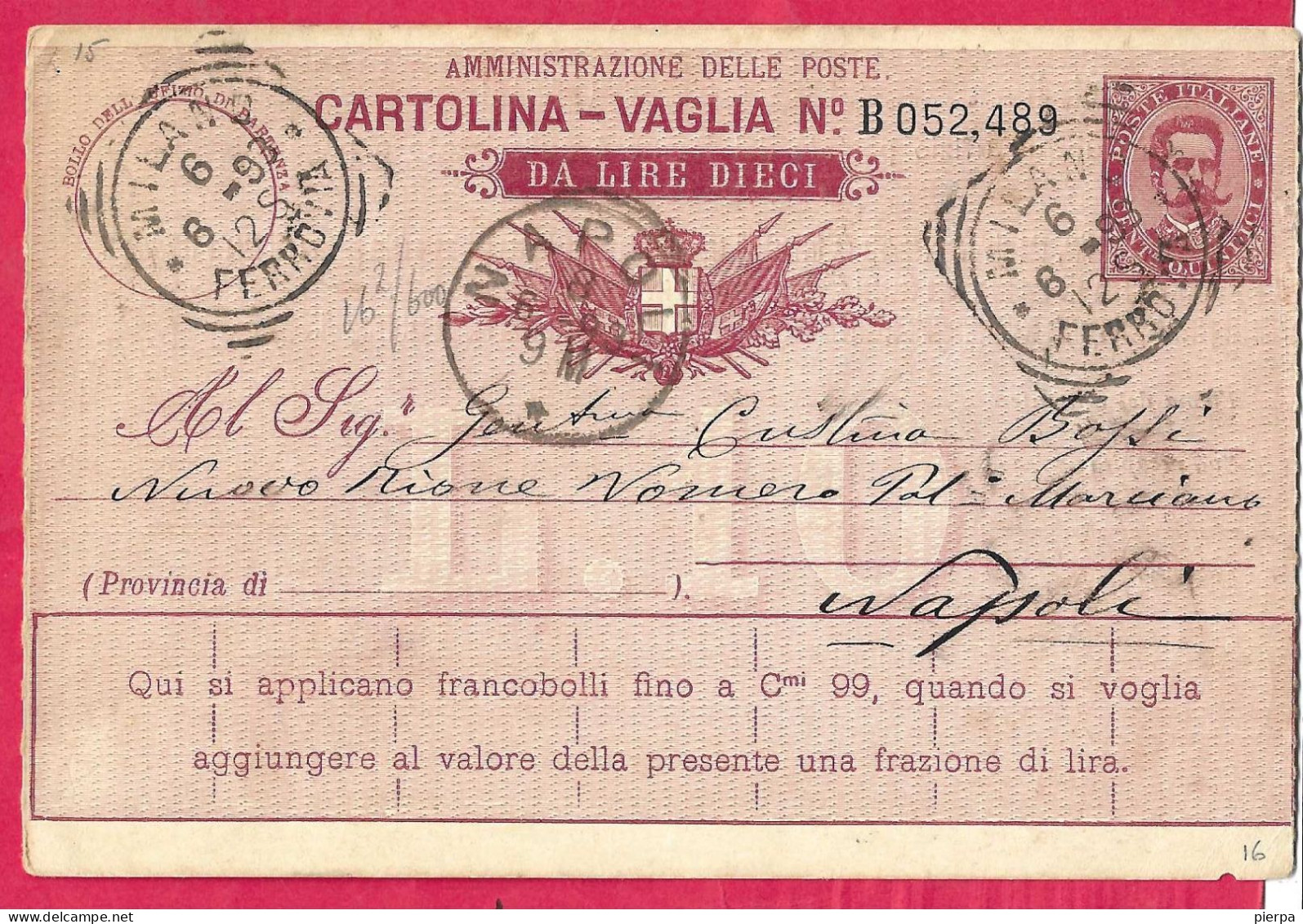 INTERO CARTOLINA-VAGLIA UMBERTO C.15 DA LIRE 10 (CAT. INT.7Ba) - DA "MILANO *6.6.93*FERROVIA - ANNULLO TONDO RIQUADRATO - Ganzsachen