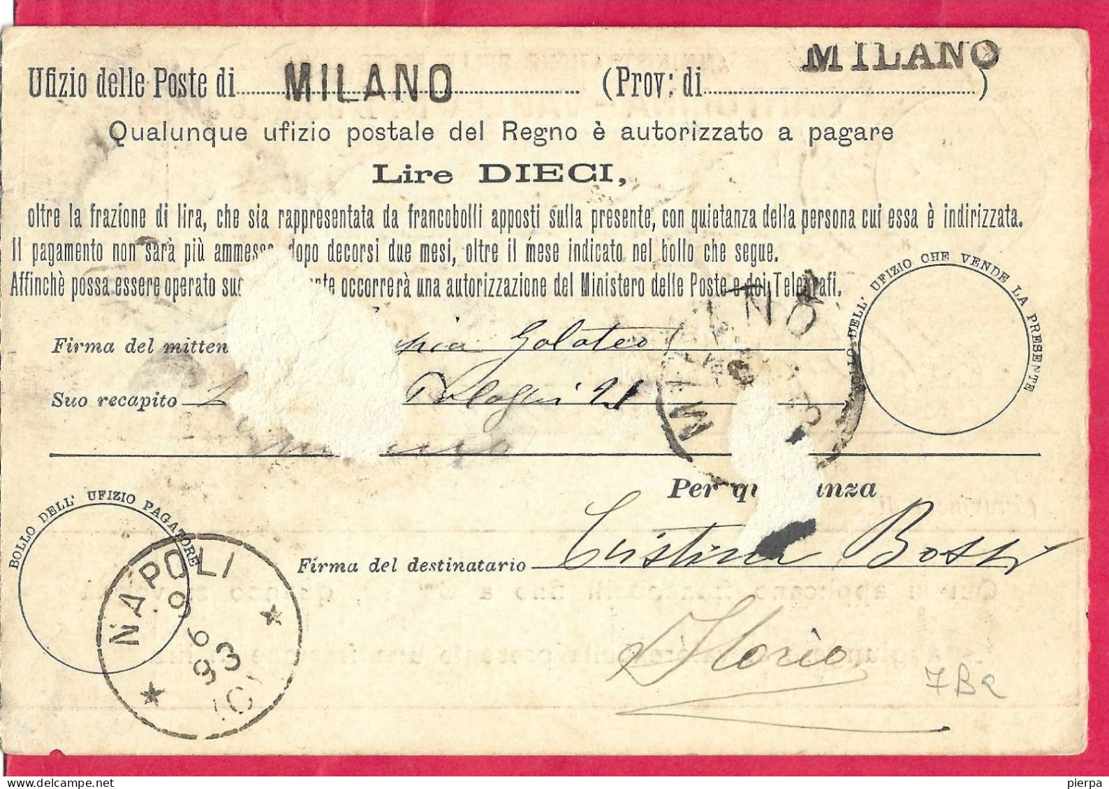 INTERO CARTOLINA-VAGLIA UMBERTO C.15 DA LIRE 10 (CAT. INT.7Ba) - DA "MILANO *6.6.93*FERROVIA - ANNULLO TONDO RIQUADRATO - Stamped Stationery