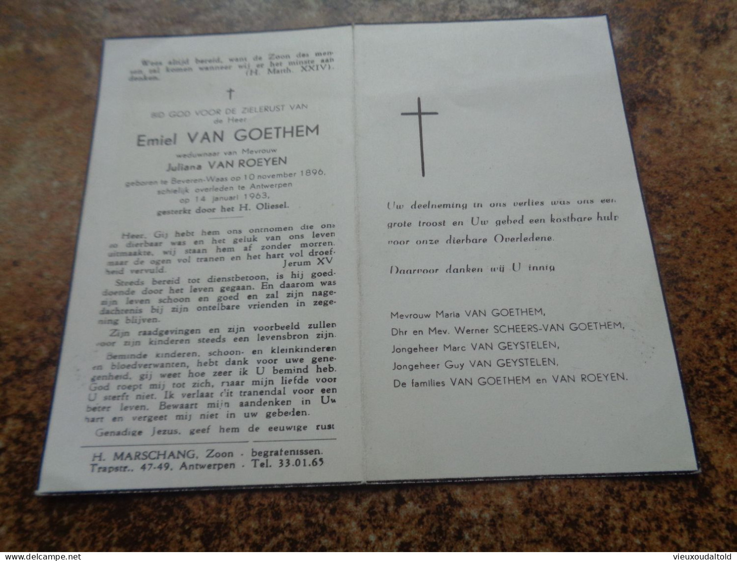 --Doodsprentje/Bidprentje  Emiel VAN GOETHEM  Beveren-Waas 1896-1963 Antwerpen (Wdr Juliana VAN ROEYEN) - Religión & Esoterismo