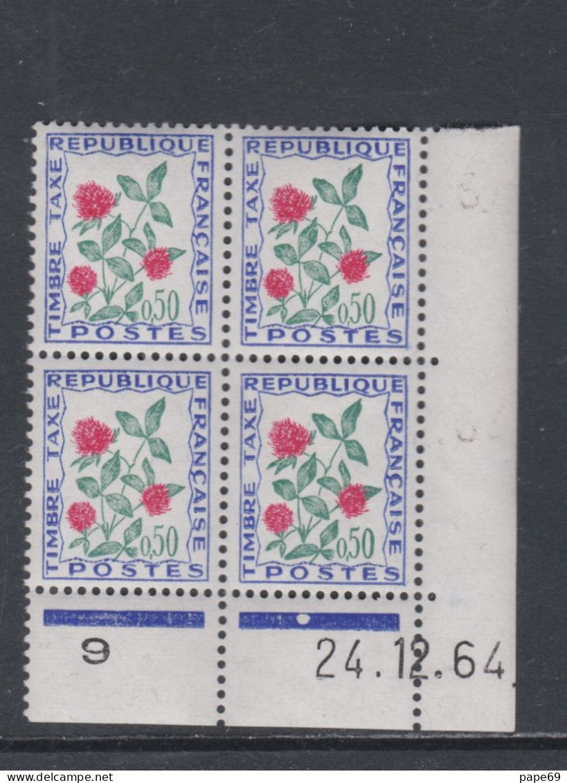 France Timbres-Taxe N° 101 XX Fleurs : 50 C. Trèfle,  En Bloc De 4 Coin Daté Du 24. 12 . 64 ; 1 Point Blanc, Ss Ch. TB - Segnatasse