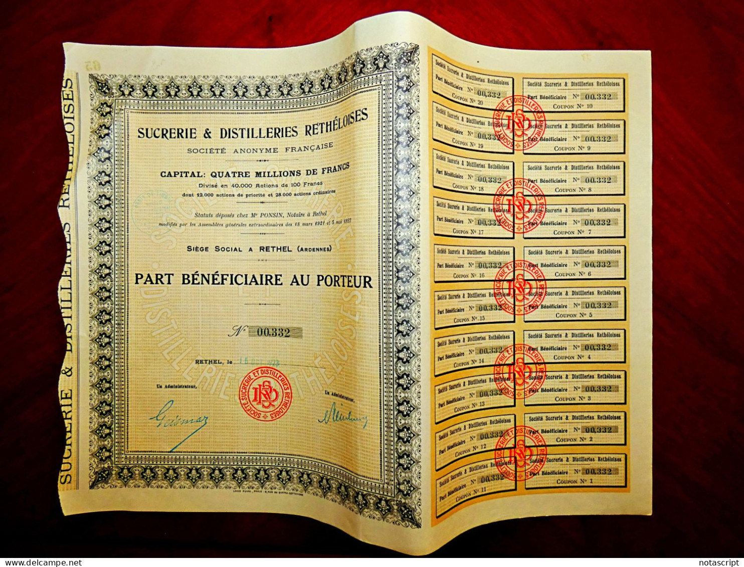 Sucrerie & Distilleries Rethéloises , Rethel (Ardenes) France 1923 Share Certificate - Altri & Non Classificati