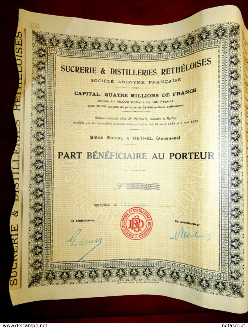 Sucrerie & Distilleries Rethéloises , Rethel (Ardenes) France 1923 Share Certificate - Other & Unclassified