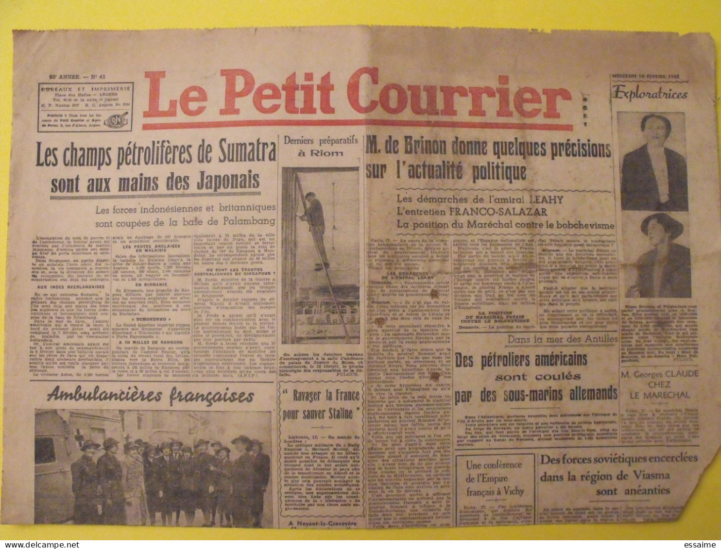 Le Petit Courrier. N° 41 Du 18 Février 1942. De Brinon Japon Sumatra Riom Pétain Vichy Collaboration Angers 49 - Guerra 1939-45