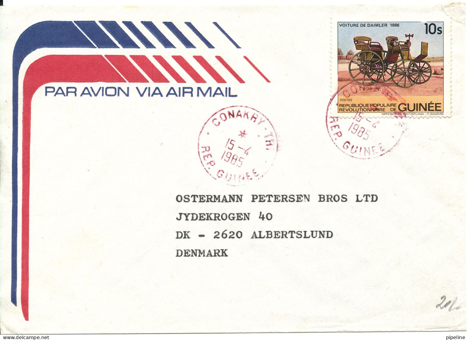 Guinea Air Mail Cover Sent To Denmark 15-4-1985 Single Franked Daimler 1886 - Guinée (1958-...)