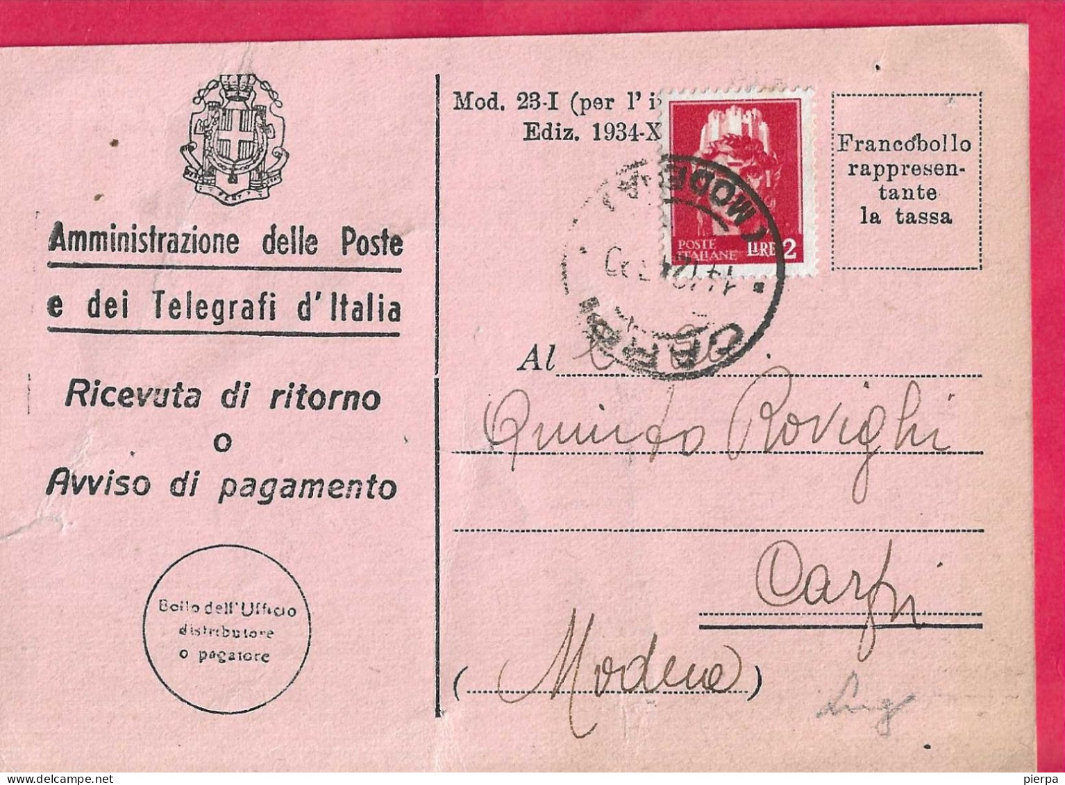 RICEVUTA DI RITORNO (MOD. 23-1 EDIZ. 1934) DA CARPI 14.12.45* PER CARPI - Marcofilie