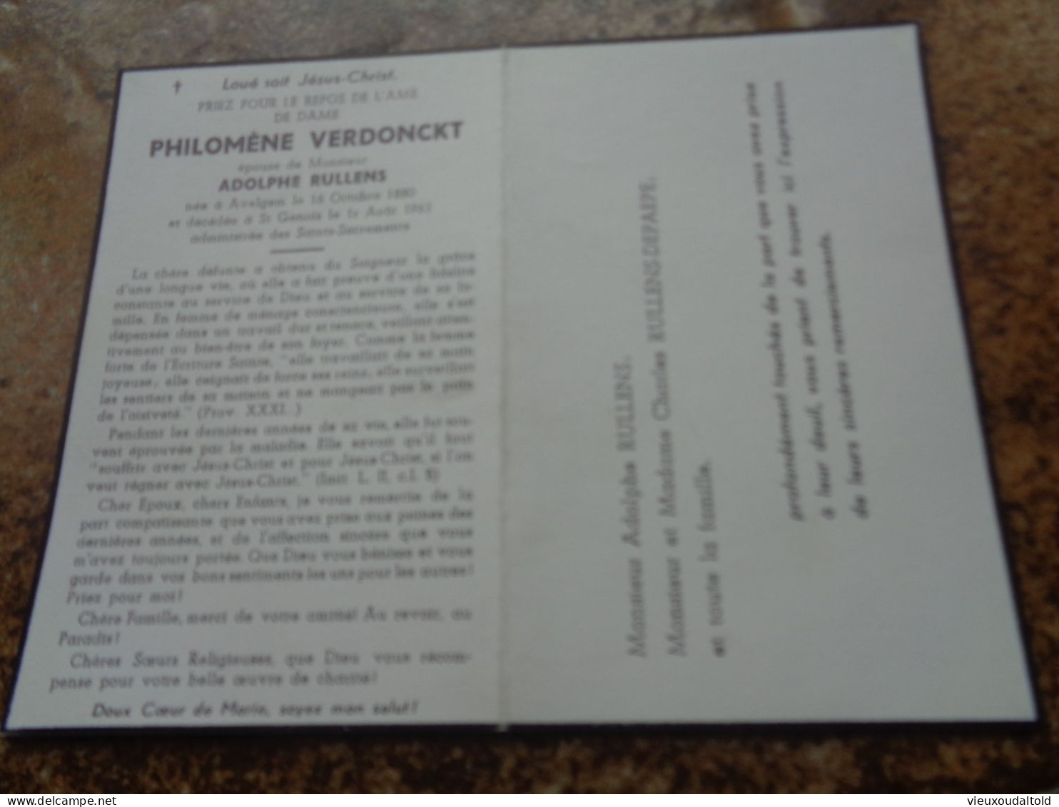 --Doodsprentje/Bidprentje  PHILOMÈNE VERDONCKT   Avelgem 1880-1963 St Genois  (ép Adolphe RULLENS) - Religione & Esoterismo