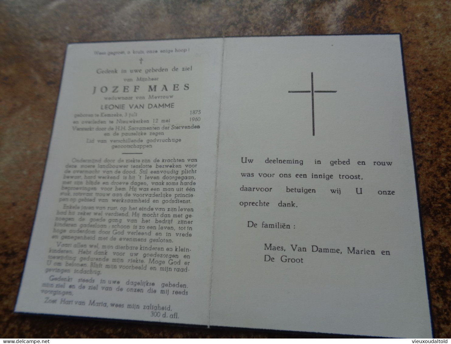 --Doodsprentje/Bidprentje  JOZEF  MAES   Kemzeke 1875-1960 Nieuwkerken  (Wdr Leonie VAN DAMME) - Religión & Esoterismo