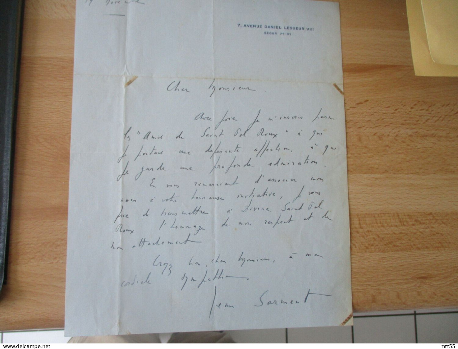 JEAN SARMENT ECRIVAIN LETTRE AUTOGRAPHE PARTICIPATION COMITE ST POL ROUX - Schriftsteller