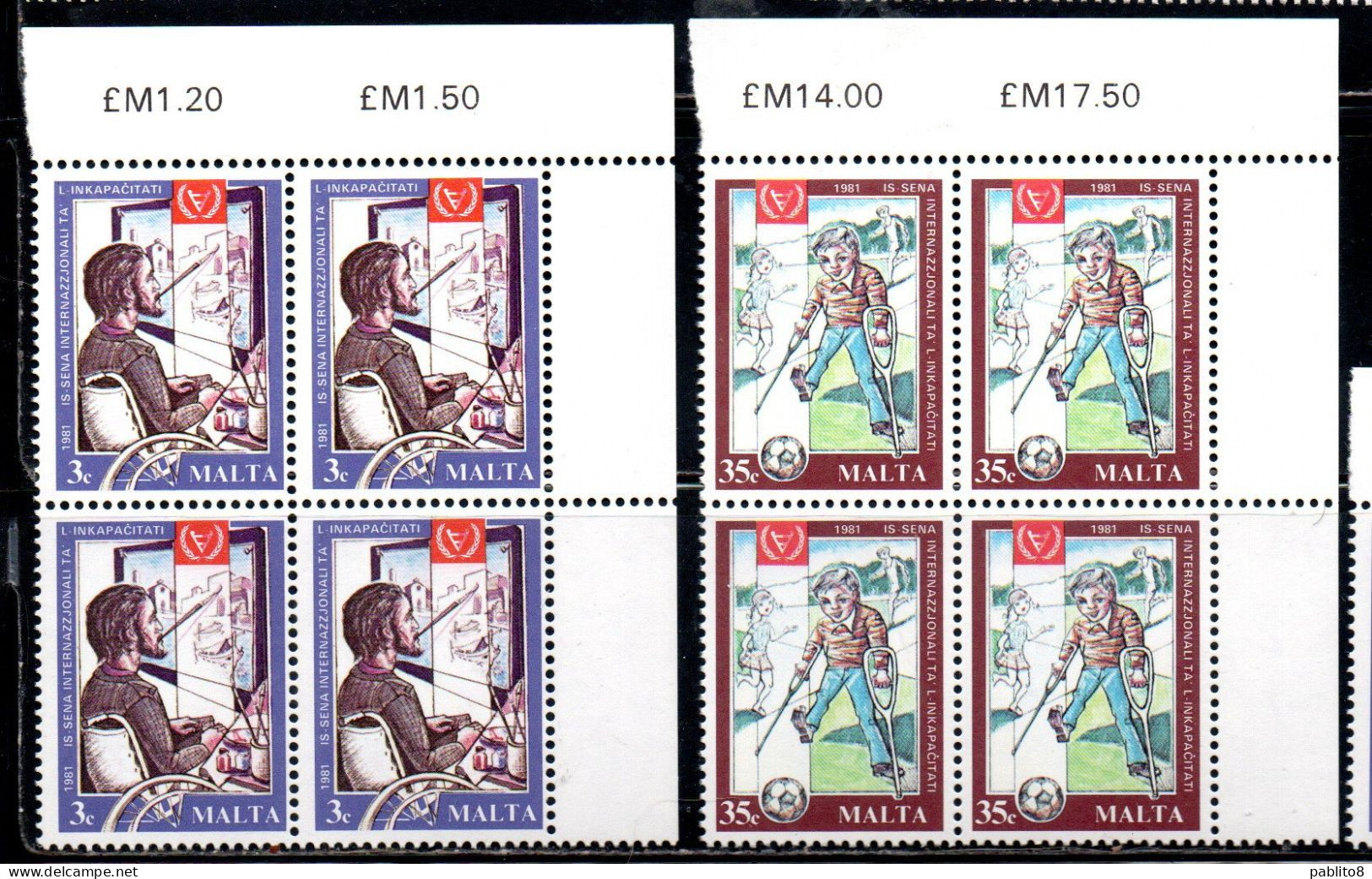 MALTA 1981 INTERNATIONAL YEAR OF DISABLED ANNO INTERNAZIONALE DEL DISABILE COMPLETE SET SERIE COMPLETA BLOCK QUARTIN MNH - Malta