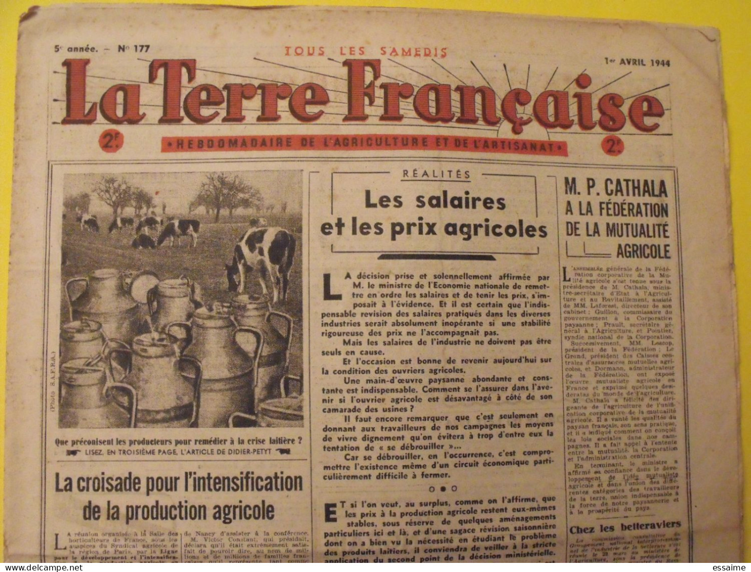 Hebdo La Terre Française. N° 177 Du 1er Avril 1944. Agriculture Artisanat Gazogène - Guerra 1939-45