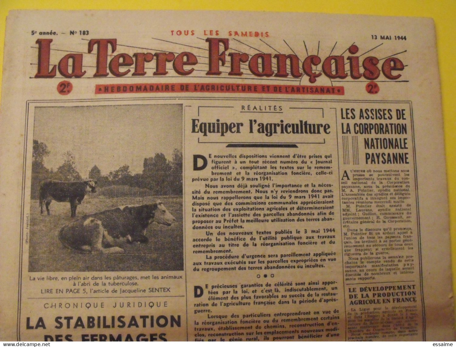 Hebdo La Terre Française. N° 183 Du 13 Mai 1944. Agriculture Artisanat Gazogène Fermages - War 1939-45